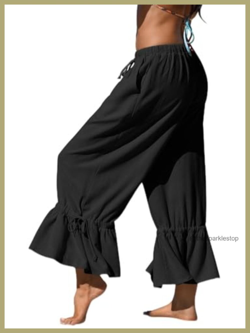 Linen Wide Leg Cropped Palazzo Pants Ruffle Hem Drawstring Pockets